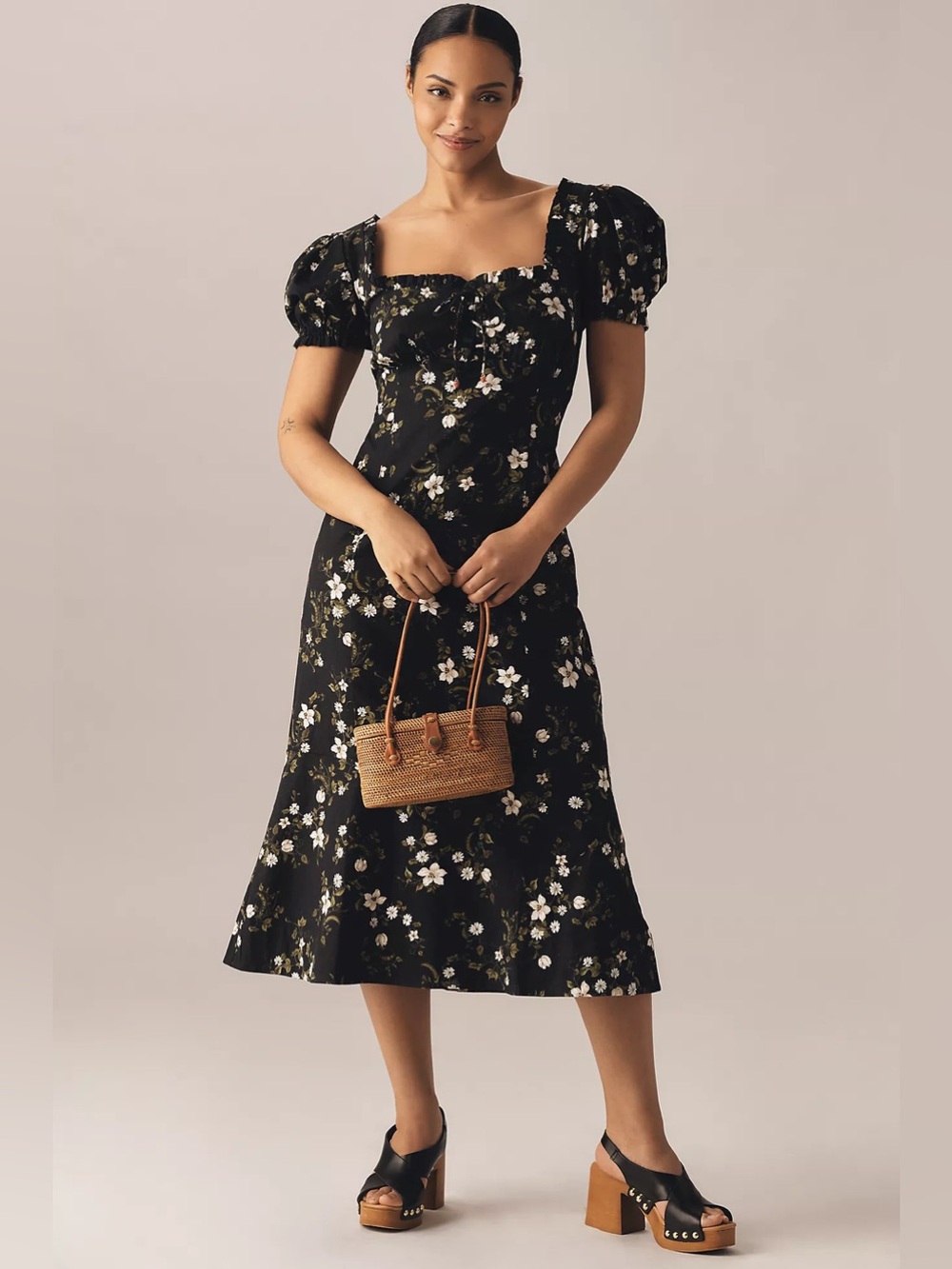 NWT Maeve Linen Blend Puff-Sleeve Sweetheart Midi Dress Black Floral